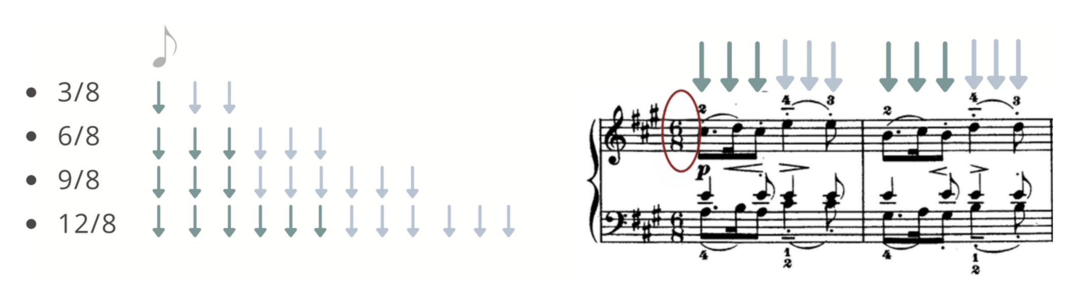 Compound-time meters 3/8, 6/8, 9/8, 12/8 with rows of teal arrows grouping the pulse into dotted-note beats, beside an Allegretto 6/8 excerpt.
