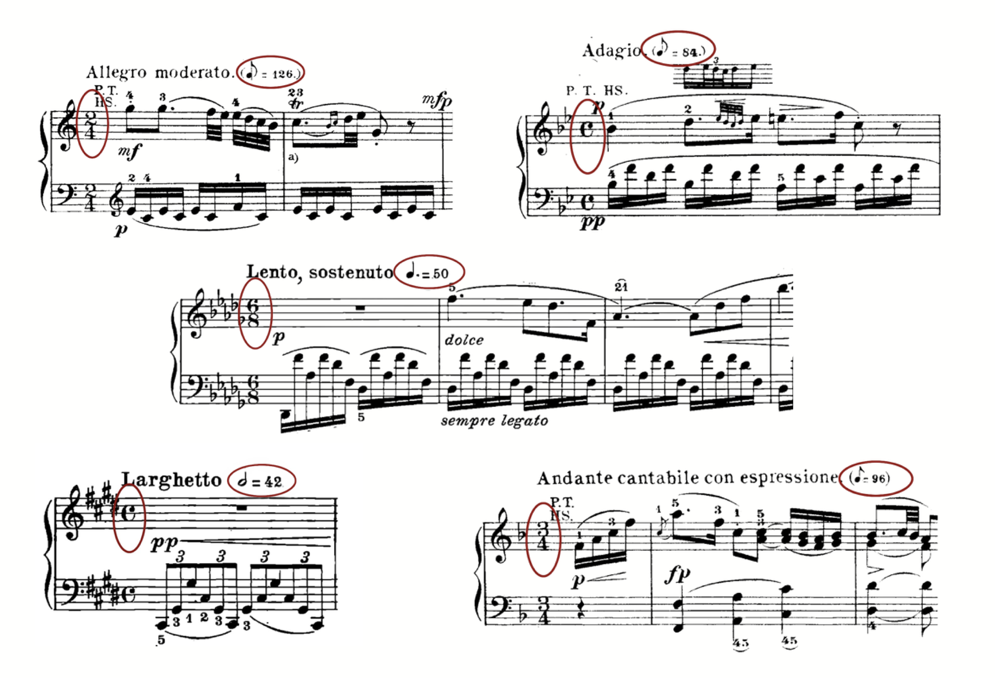 Five score excerpts—Allegro moderato, Adagio, Lento sostenuto, Larghetto, and Andante cantabile con espressione—each with the tempo marking and time signature circled in red to compare the composer’s indicated pulse with the beat implied by the time signature.