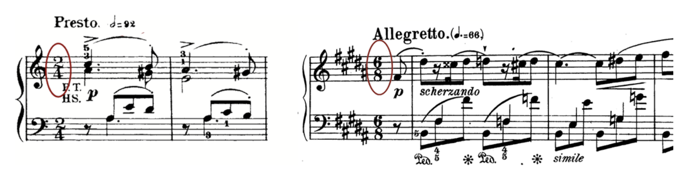 A Presto in 2/4 and an Allegretto in 6/8, each with the time signature circled in red.