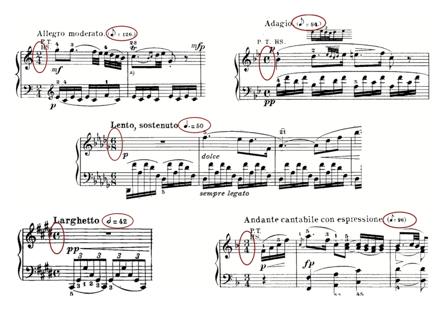 A grid of six repertoire excerpts (Allegro moderato, Adagio, Lento sostenuto, Larghetto, Andante cantabile con espressione) with each tempo marking and metronome indication circled in red.