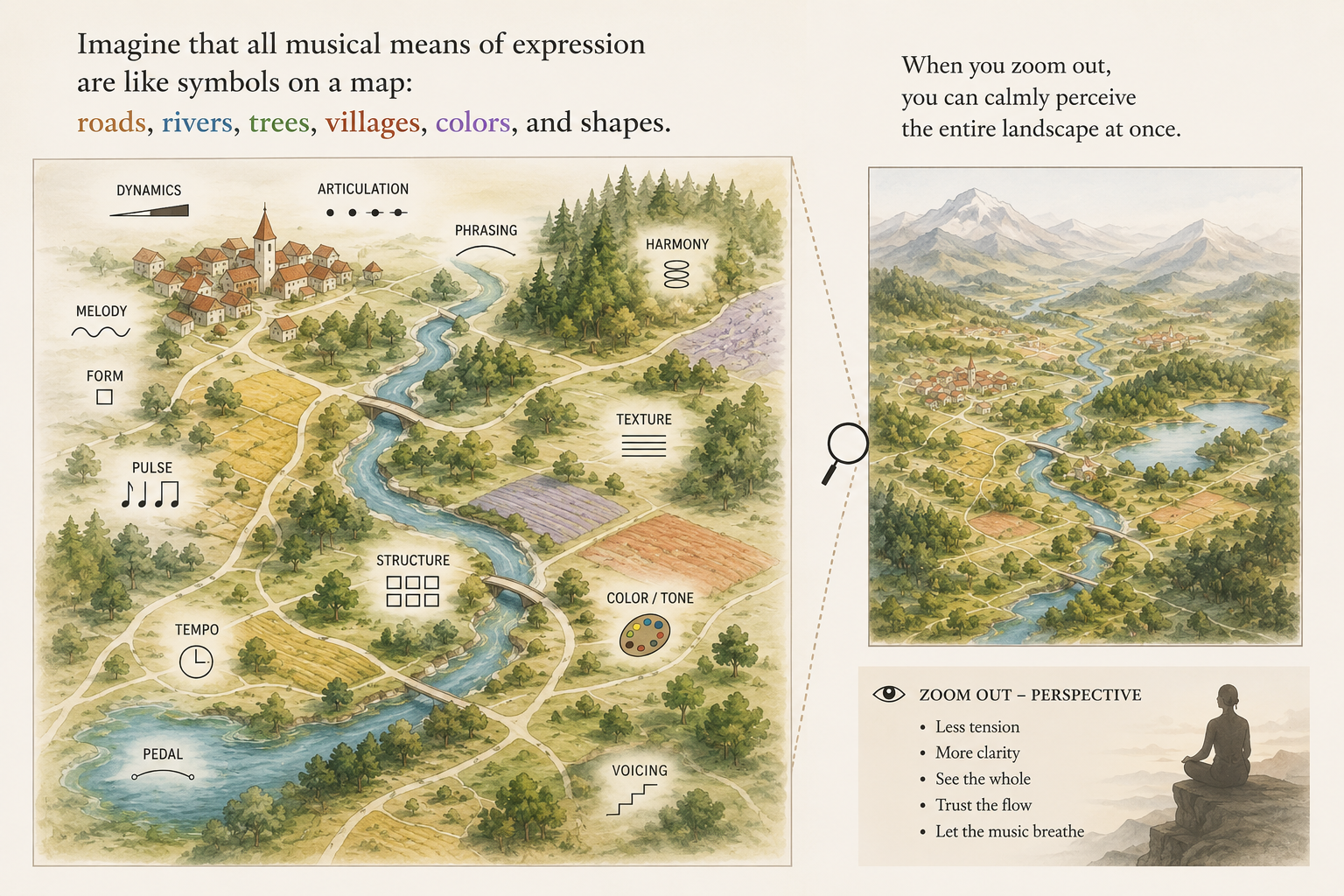 An illustrated map where musical elements—dynamics, articulation, phrasing, harmony, texture, pulse, pedal, voicing—appear as roads, rivers, villages, and trees in a landscape, with a zoomed-out aerial view beside it.