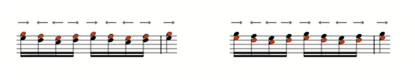Two groups of treble-clef interval pairs with directional sound-movement arrows above; the note to project is highlighted in red.