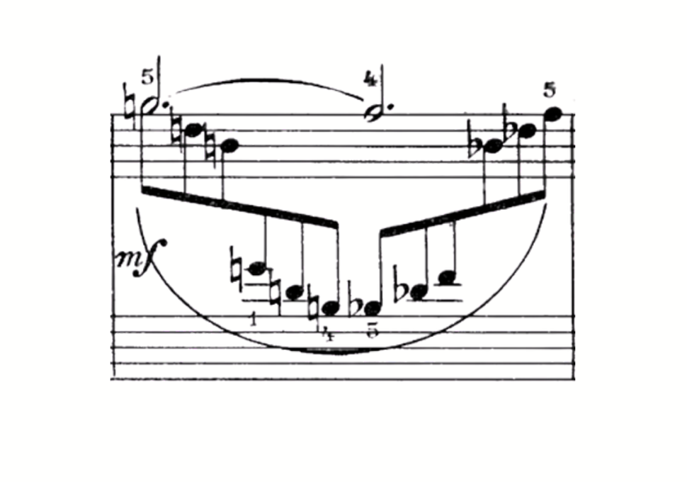 A score excerpt marked mf: a long phrase slur over sustained melody notes above a fan-shaped beam of smaller arpeggio-like accompaniment notes, with fingerings 5, 4, 5.