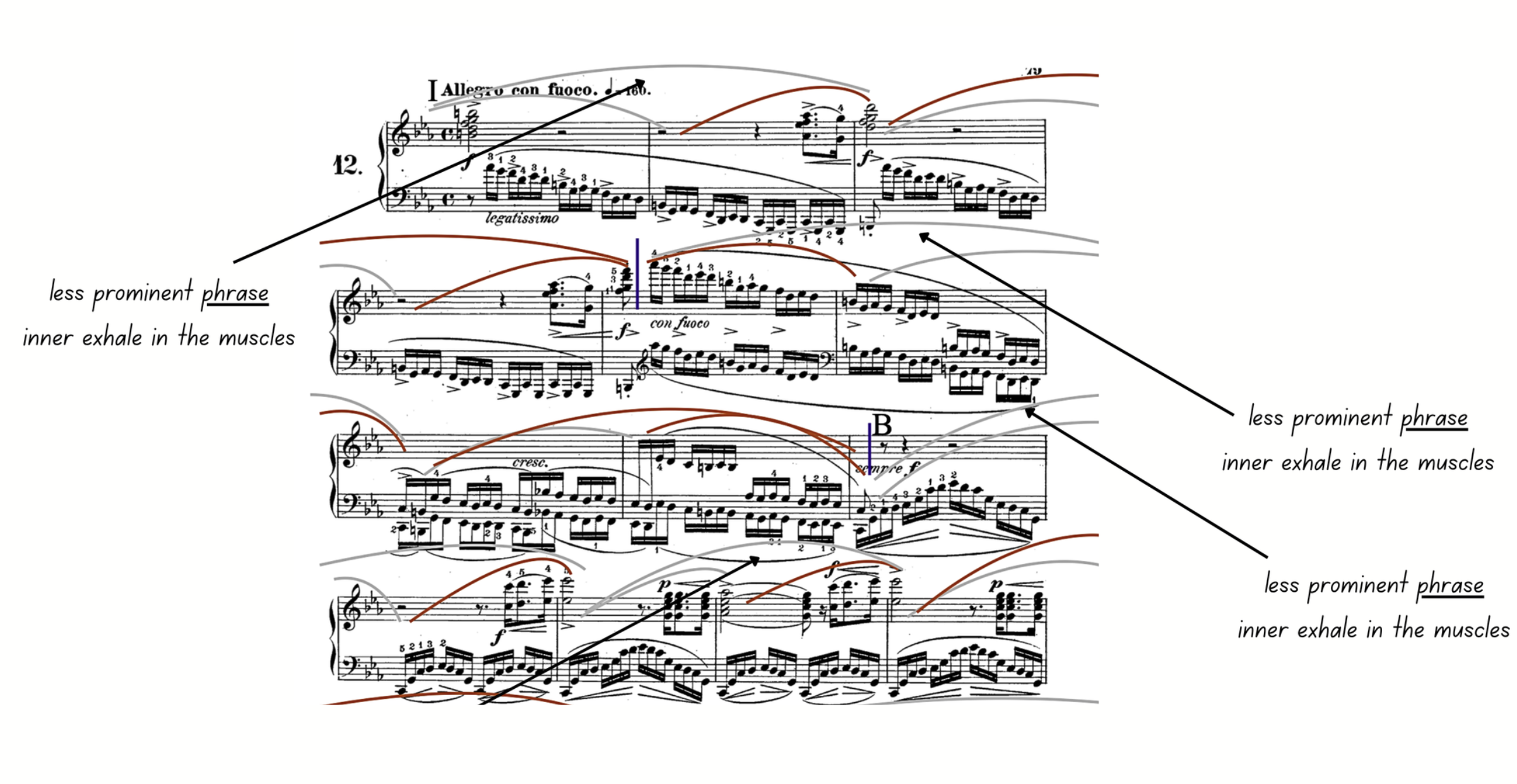 Annotated Chopin étude score with arrows to the start and end of each less prominent phrase. Each label reads “less prominent phrase — inner exhale in the muscles.”