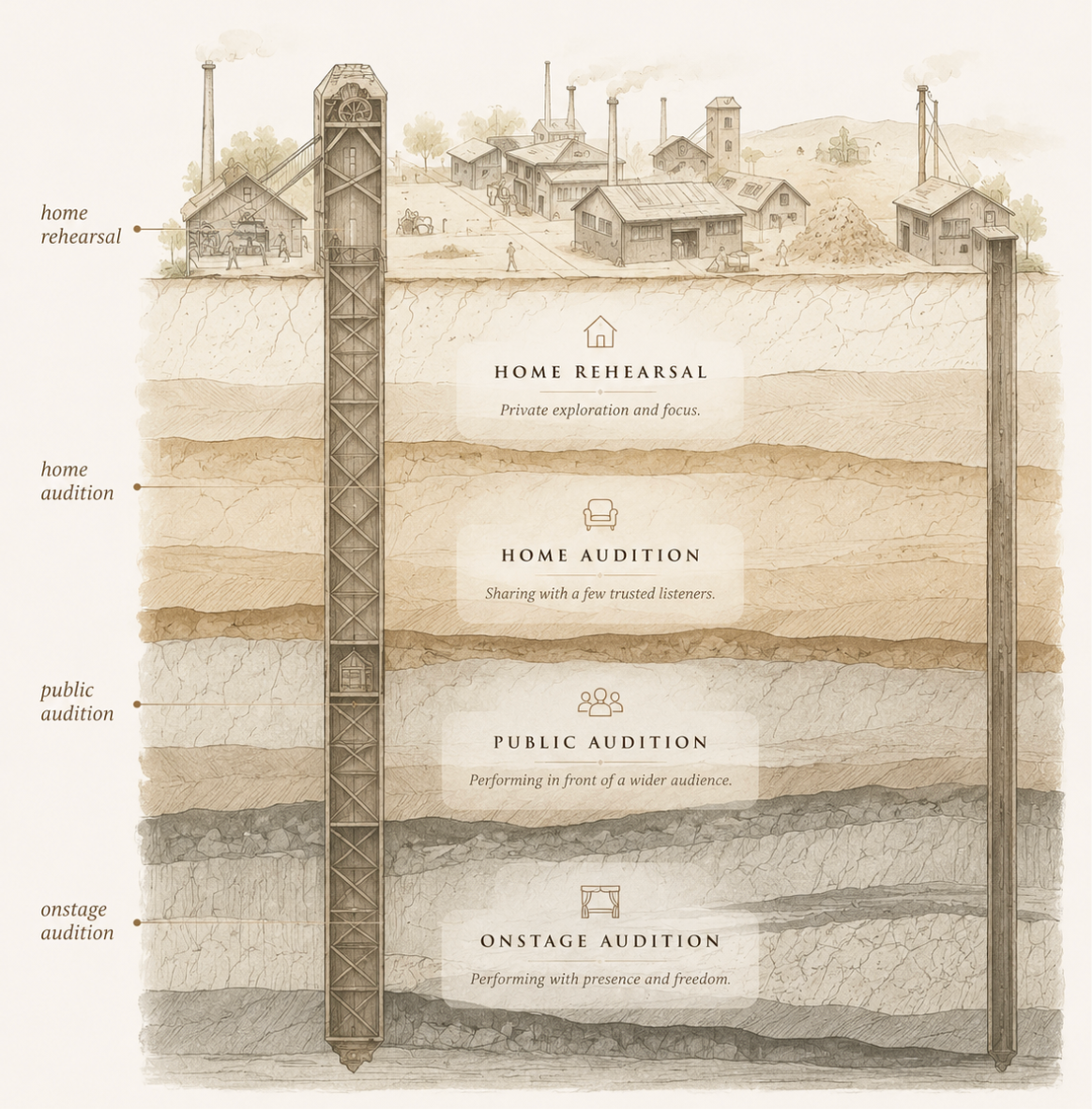 Cross-section illustration of a mine shaft descending past four labelled layers: Home Rehearsal, Home Audition, Public Audition, and Onstage Audition.