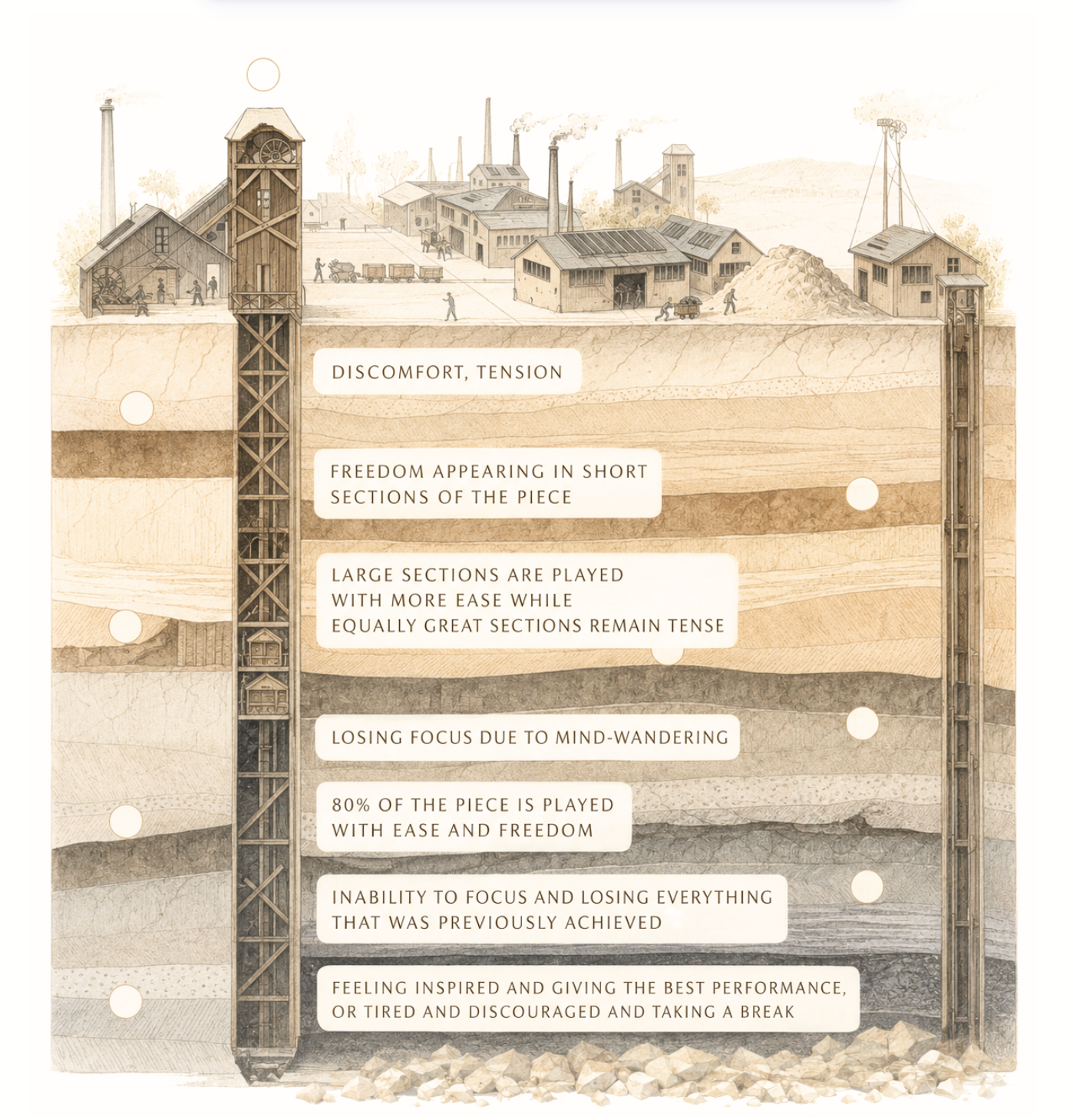 Mine cross-section with cards descending the shaft describing the substep sensations, from 'Discomfort, tension' down to 'Feeling inspired and giving the best performance, or tired and discouraged and taking a break.'